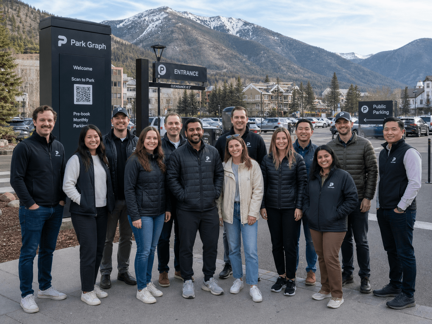 The Park Graph founding team standing together at a Park Graph QR-enabled parking lot in the Rocky Mountains