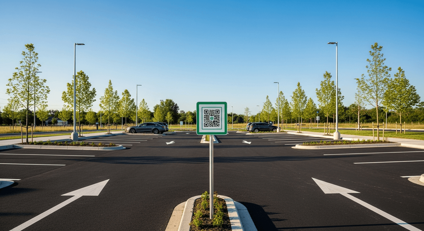 The same parking lot modernized on a bright day — open entrance, fresh white line markings, clean asphalt, landscaping, and a single sleek post displaying a Park Graph QR code