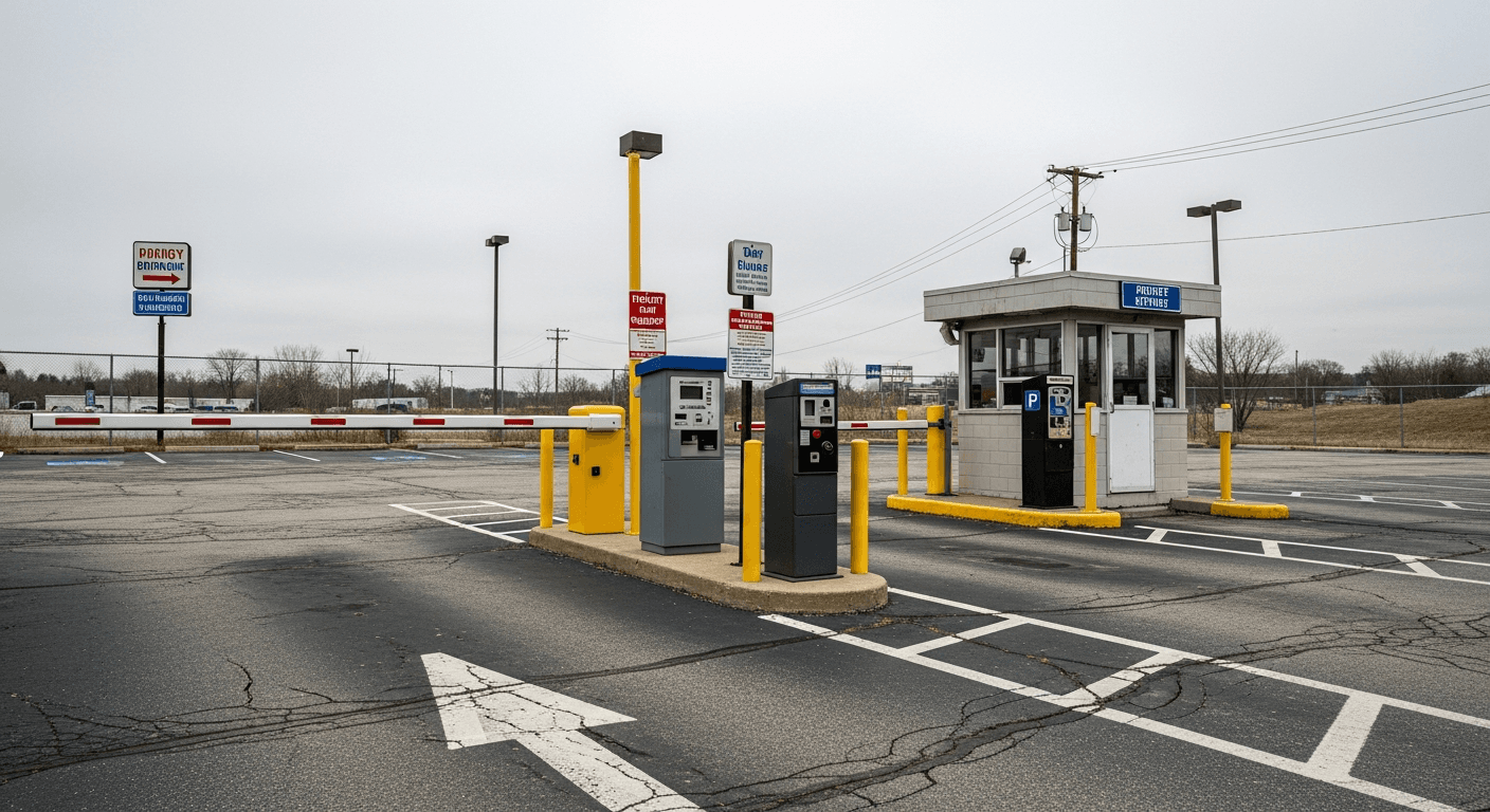 A tired, outdated parking lot on a gray day with a yellow boom gate, a bulky ticket pay station, a coin meter, an attendant booth, and cracked, faded asphalt