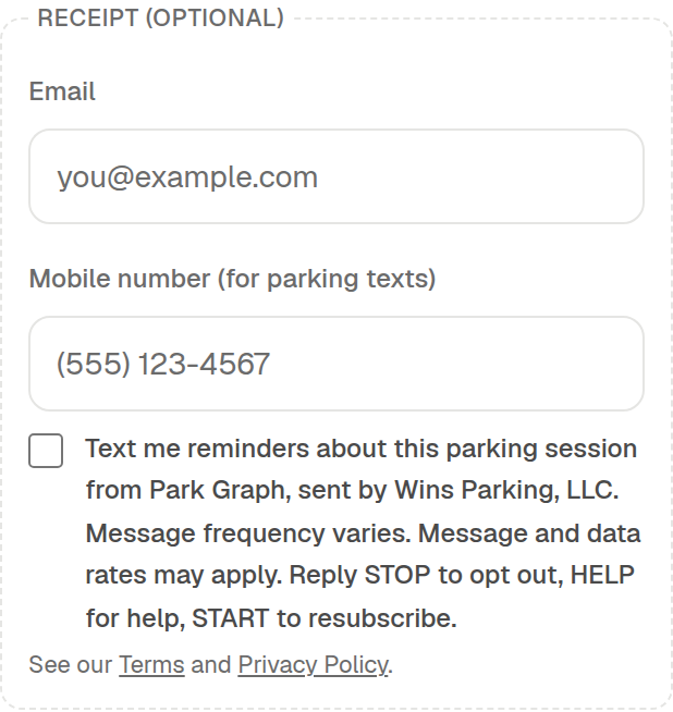 The text-message box on the Park Graph pay page, unchecked, under the mobile number field